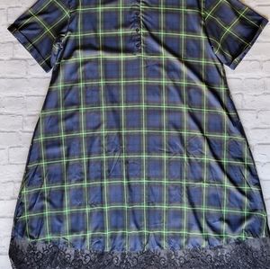 Shein Blue green black yellow plaid mid button-down dress w lace trim sz 2X